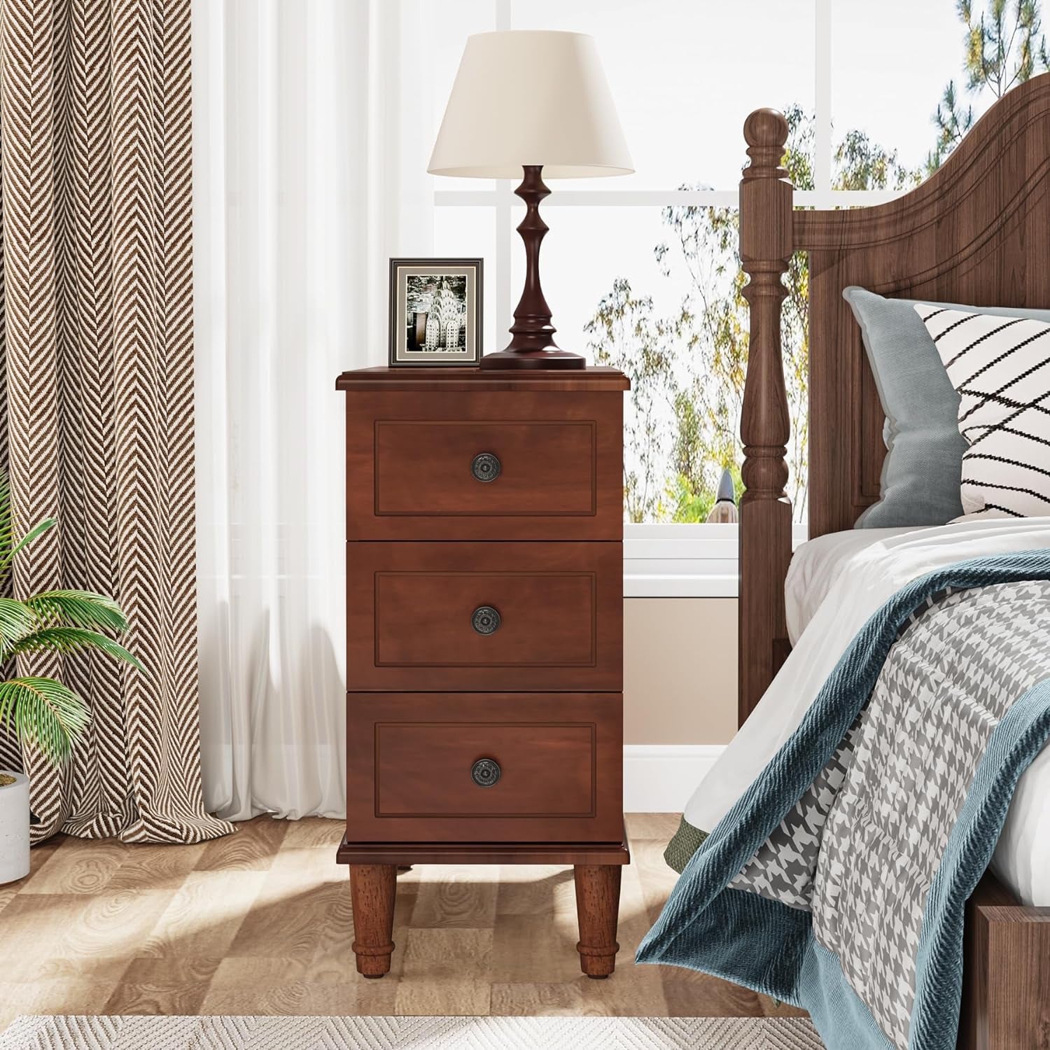 Solid Wood End Table, Fully Assembled Narrow Side Table with Drawers, Pre-Assembled Nightstand Slim Bedside Table for Small Spaces, Living Room, Bedroom, Brown