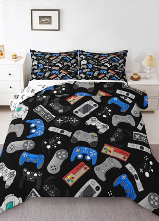 Modern Gamer Bedding Set for Teens, Full Size Down Comforter with Video Game Joystick Design in Black and Blue for Boys and Youth Bedrooms
