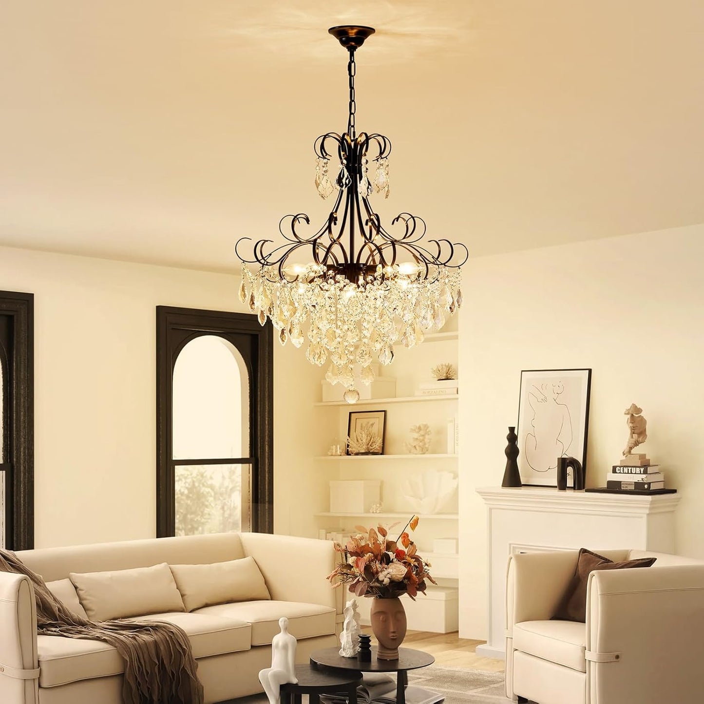 Crystal Chandelier 10-Light Pendant Ceiling Light Modern Lighting Fixture for Dining Room Hallway Bedroom Kitchen Bathroom, H 27.6" X W 22.8", E12 Base, Black