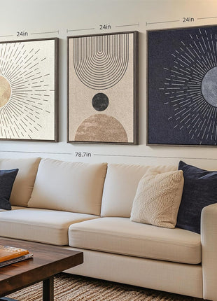 Framed Large Bohemian Neutral Abstract Wall Art Set - Black and Beige Sun and Moon Canvas Prints for Living Room, Hallway, and Office - 3-Piece Modern Minimalist Artwork (24x36 Inches)