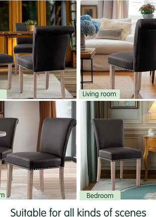 Set of 4 Mid-Century Modern Grey Faux Leather Dining Chairs with Nailhead Trim and Wooden Legs