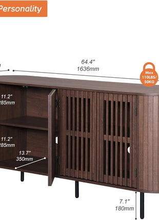 64" Wood Sideboard Buffet Cabinet with 4 Fluted Doors and Curved Design, Walnut Finish, Ideal for Dining Room and Hallway Storage