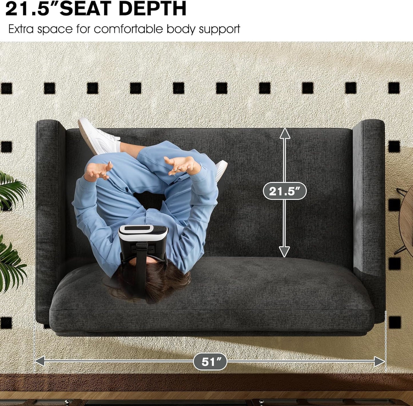 51" Loveseat Sleeper Sofa Bed, Chenille Convertible Floor Sofa Bed for Small Spaces, Folding Couch Bed with Deep Seat, 2 Pillows & Solid Frame, Pull Out Floor Couch for Living Room, Black