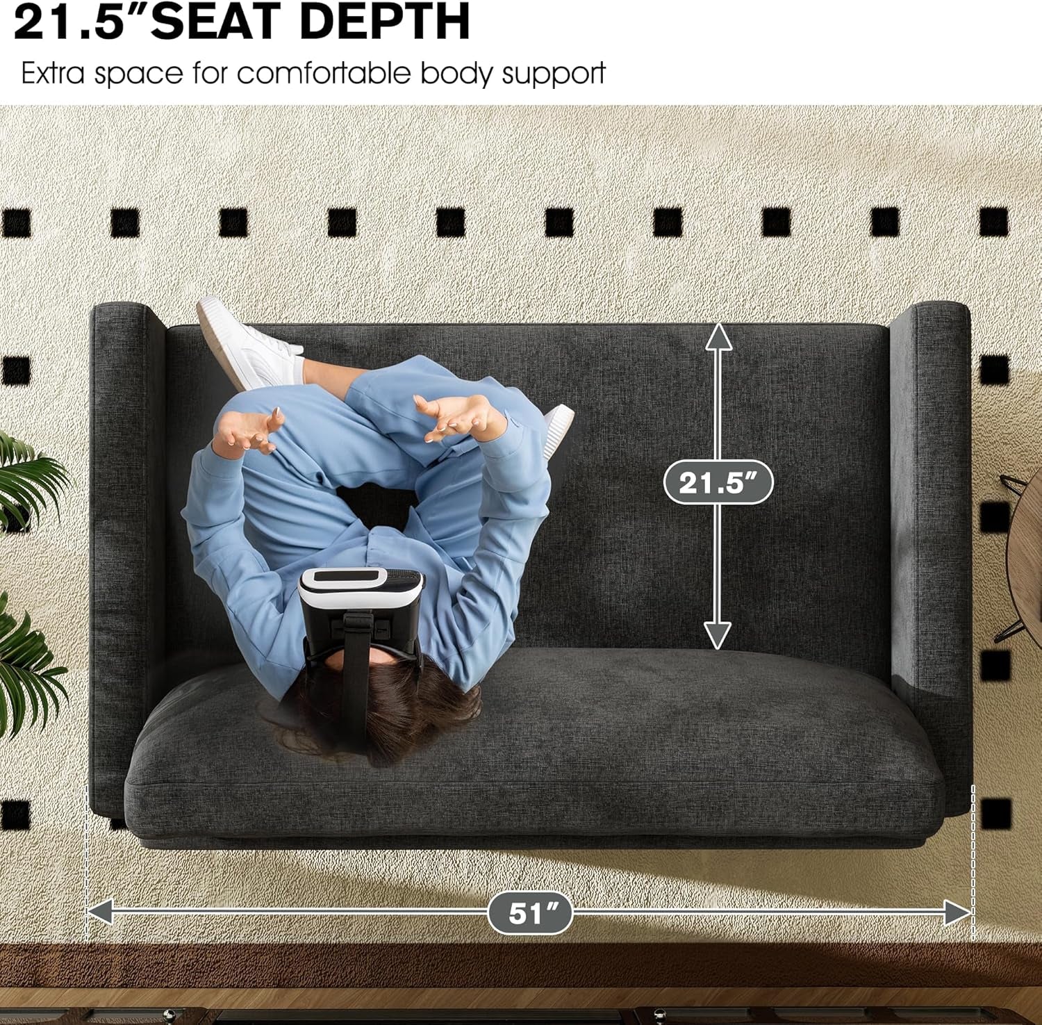 51" Loveseat Sleeper Sofa Bed, Chenille Convertible Floor Sofa Bed for Small Spaces, Folding Couch Bed with Deep Seat, 2 Pillows & Solid Frame, Pull Out Floor Couch for Living Room, Black