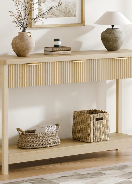 51-Inch Fluted Console Table with Three Wooden Drawers for Entryway, Living Room, Hallway, and Foyer