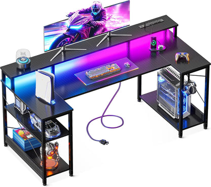 55 Inch Gaming Desk with LED Lights and Power Outlet, U-Shaped Computer Desk with Monitor Stand and Storage Shelves, PC Gamer Table for Home Office, Carbon Fiber Black