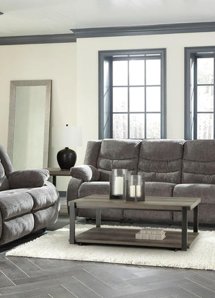 Signature Design by Ashley Tulen Contemporary Manual Pull Tab Reclining Sofa in Dark Gray