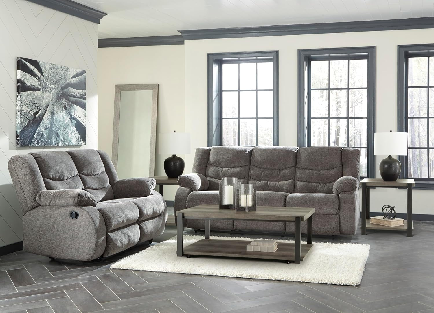 Tulen Reclining Loveseat, Dual-Sided Recliner, Pull Tab Reclining Motion, Fabric Upholstery, 63" W X 40" D X 40" H, Dark Gray