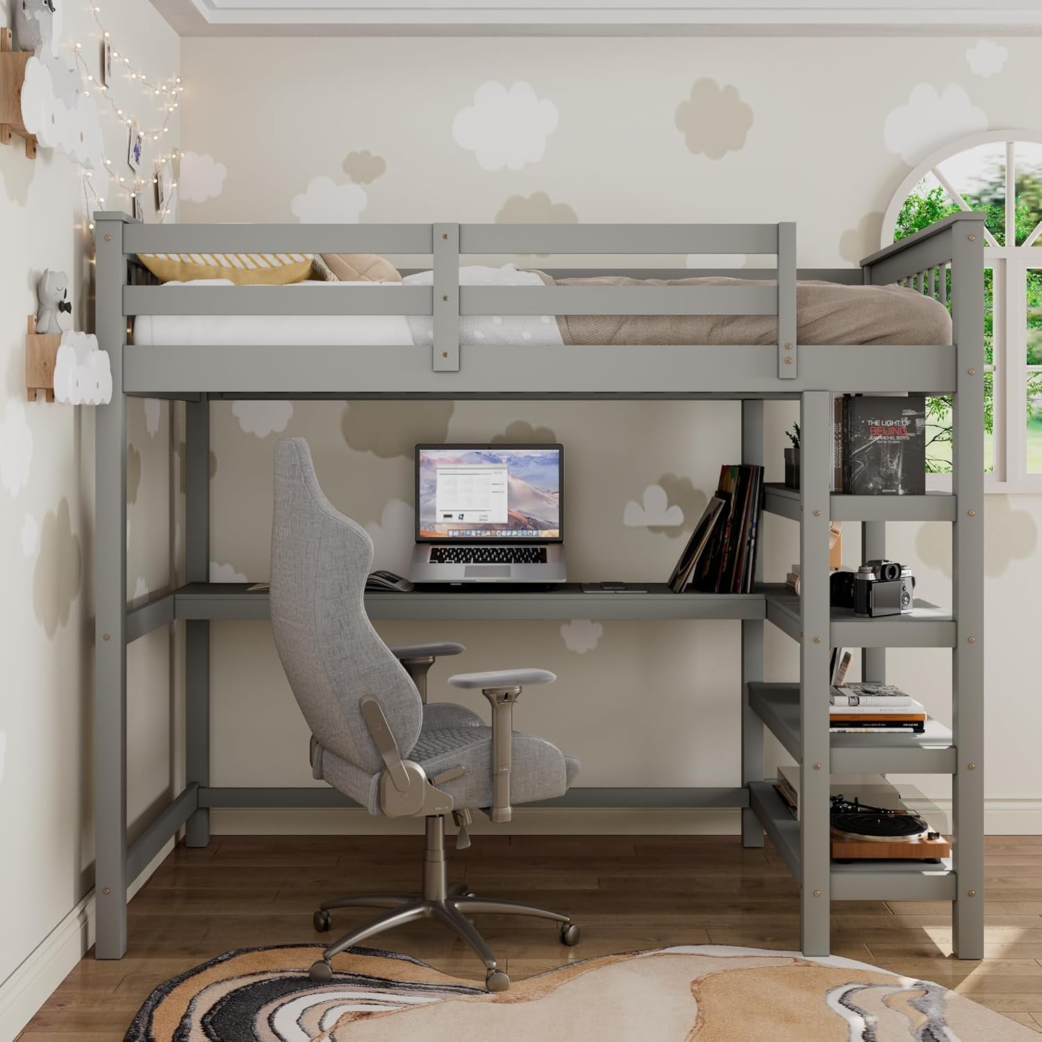 Wood Loft Bed with Desk : Full Size Loft Bed with 4-Storage Shelves and under Bed Desk Solid Wood Bed, Grey