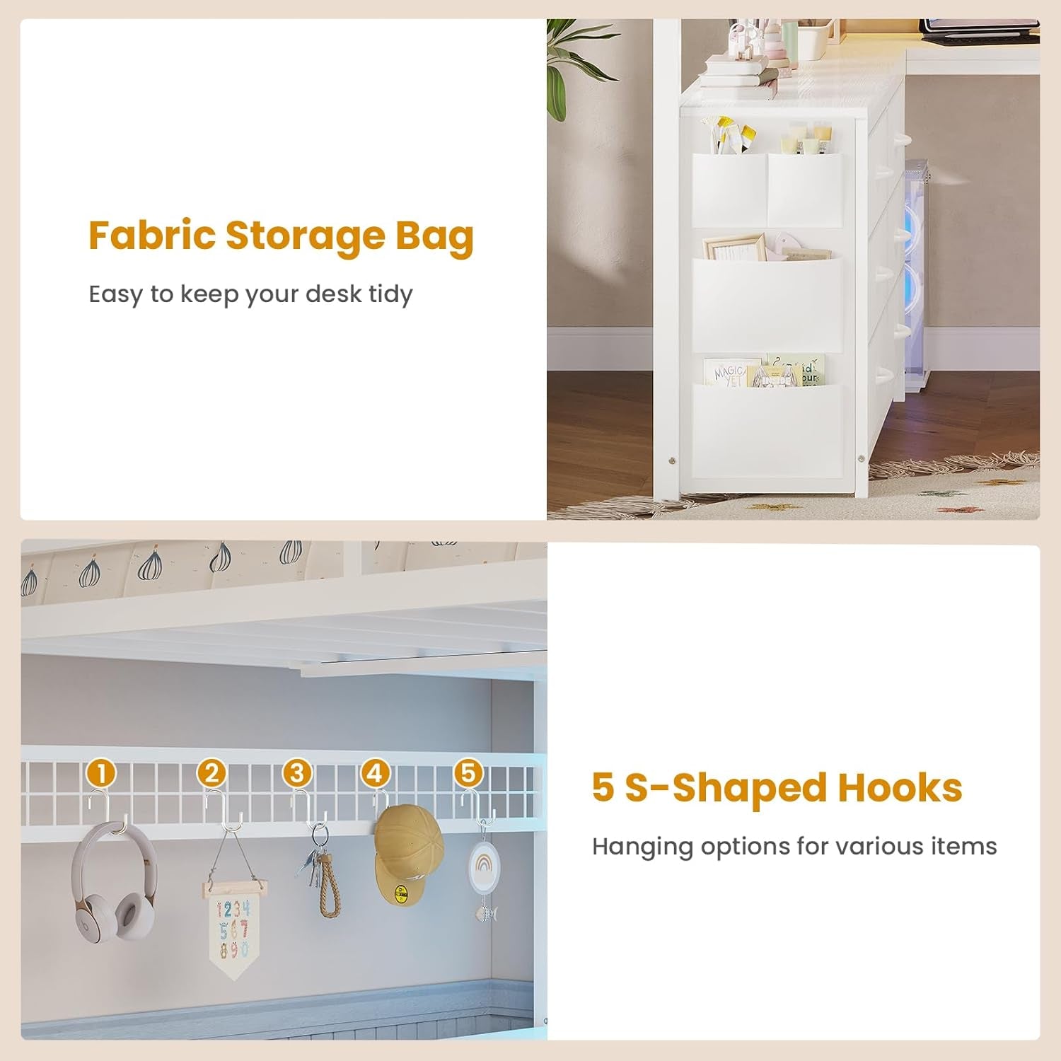 Loft Bed Full Size with U-Shaped Desk, 6 Storage Drawers, Power Outlet, LED Metal Loft Bed with 2 Storage Shelves, Bed with Safety Guardrail & Ladders,Space-Saving,White