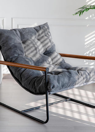 Contemporary Upholstered Accent Chair with Metal Frame and Wooden Armrests, Soft Cushion for Living Room, Bedroom, Balcony, and Reading Room, Dark Grey