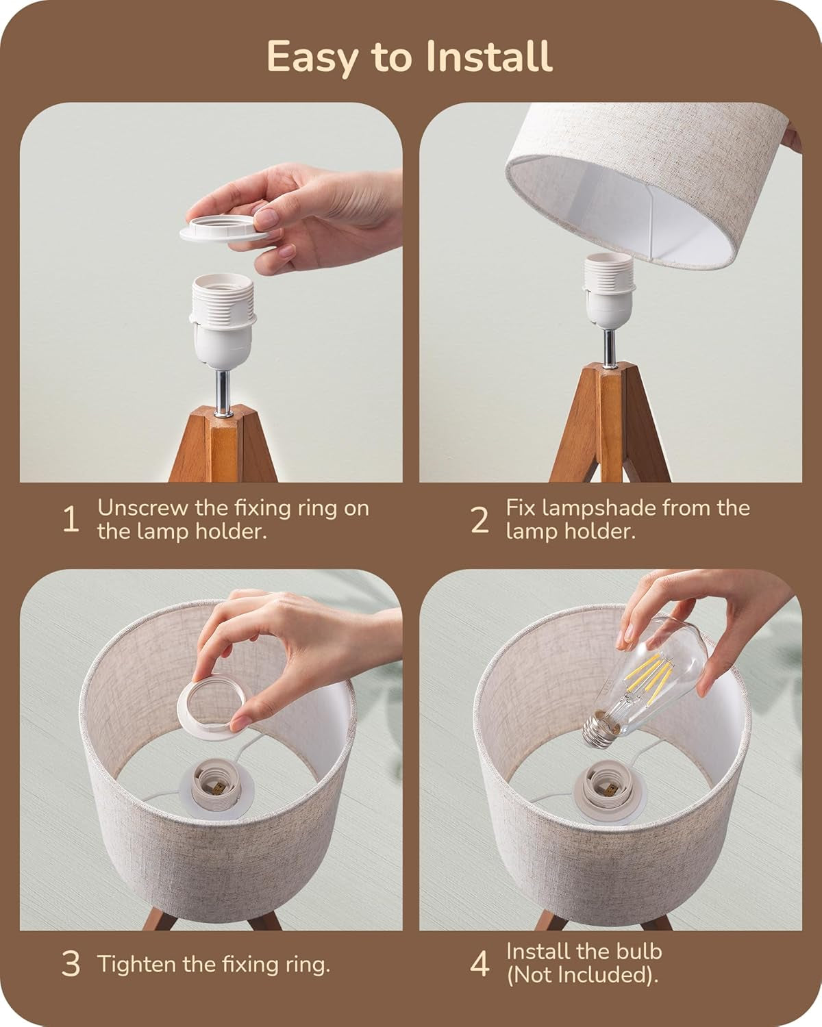 Tripod Table Lamp, Small Cute Bedside Lamp with Linen Beige Lampshade, Nightstand Lamp for Nursery, Bedroom, Kid Room, Living Room, Light Brown Wooden Base, E26 Socket, 14.2 Inch