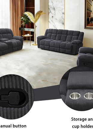 3-Piece Sectional Recliner Sofa Set with Storage and Cup Holders in Dark Grey - Corduroy Living Room Furniture for Home or Office