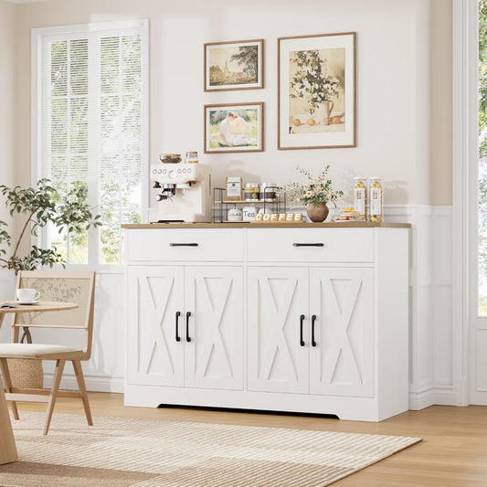 Buffet Cabinet with Storage, 47.2" Kitchen Sideboard Buffet with Drawers, Modern Farmhouse Coffee Bar Station with Shelves, Barn Doors Storage Cabinet for Living Room, White/Rustic Brown