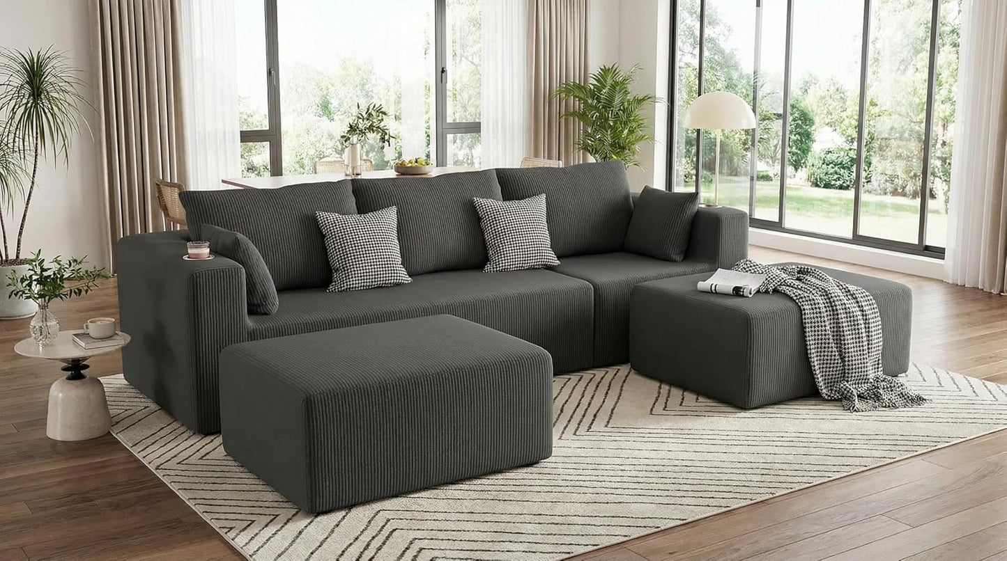 112" U Shaped Modular Sectional Sofa with 2 Ottomans, Boneless Cloud Couch with Chaise for Living Room, Modern Deep Seat Lounge Sleeper Couch Bed, No Assembly, Corduroy Dark Grey
