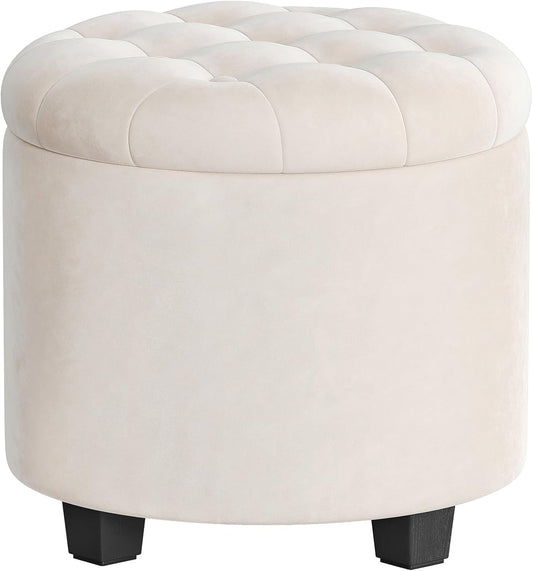 round Ottoman, Ottoman with Storage, 17.7 X 17.7 X 17.5 Inches, Foot Rest with Legs, Velvet, Load up to 330 Lb, for Living Room, Bedroom, Cream White ULOM012W01