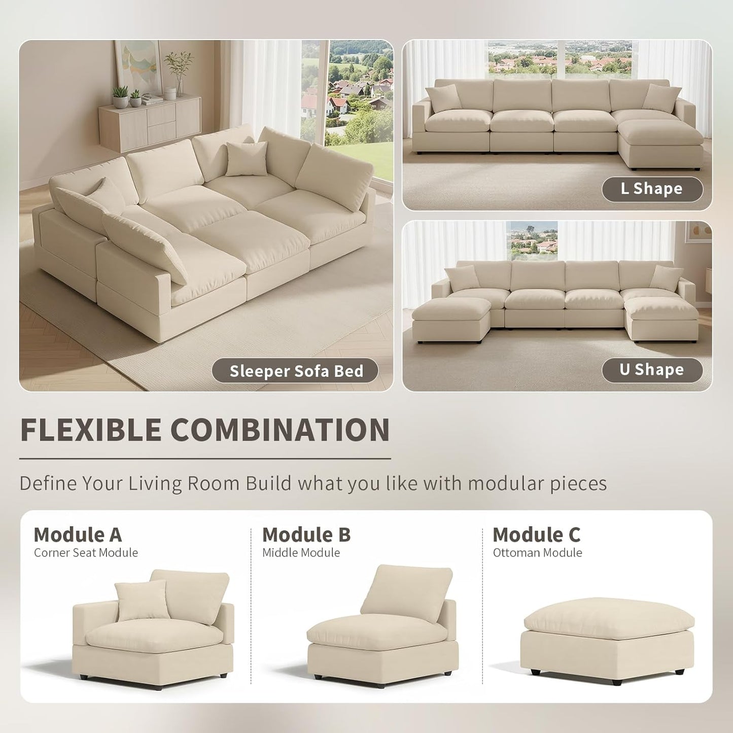 Cloud Couch Modular Sectional Sofa, 95.4" 4-Seater L Shaped Sectional Couches for Living Room, Convertible Cloud Sofa with Ottoman, down Filled Wide & Deep Seat, Removable Washable Cushion Covers