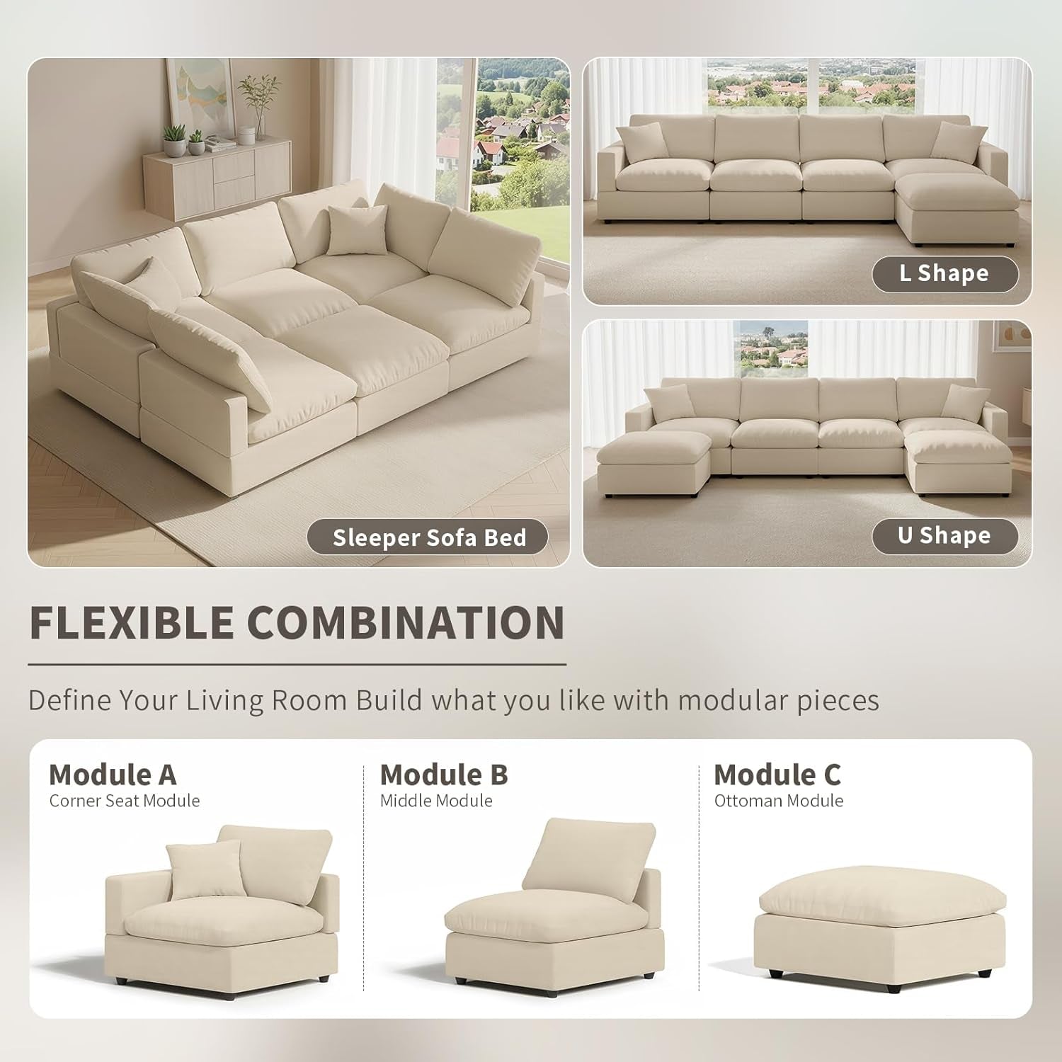 Cloud Couch Modular Sectional Sofa, 95.4" 4-Seater L Shaped Sectional Couches for Living Room, Convertible Cloud Sofa with Ottoman, down Filled Wide & Deep Seat, Removable Washable Cushion Covers