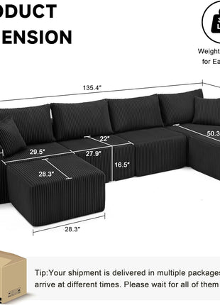135.4" Modular Cloud Couch Sectional Sofa, Deep Seat U-Shaped Boneless Design, Plush Corduroy Convertible Couch for Living Room, Seats 6, Black
