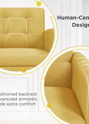 Set of 2 Mid-Century Modern Upholstered Accent Chairs with Button Tufted Back and Wooden Legs for Living Room, Bedroom, Office, or Cafe - Yellow