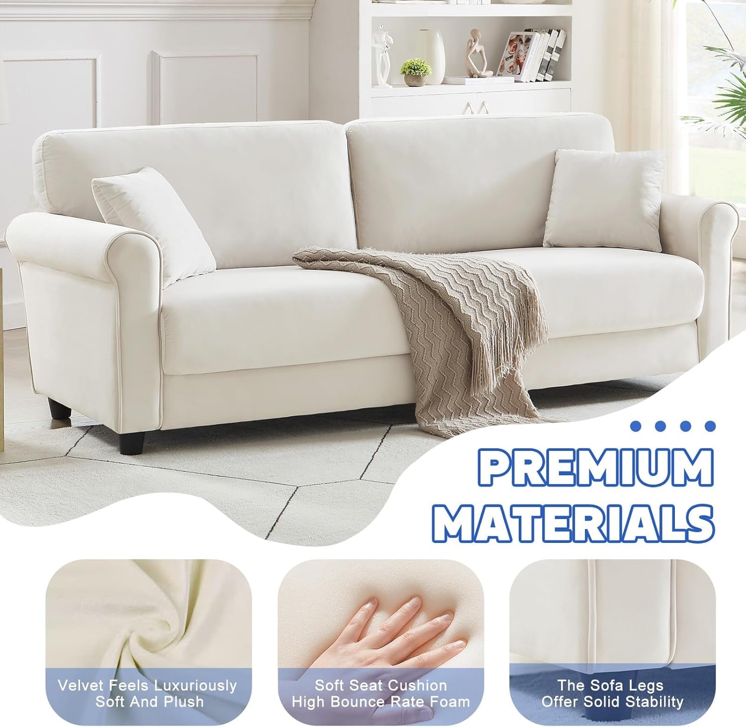 82.48" Velvet Upholstered Sofa Couch,3 Seater Couch Loveseat Sofa Furniture Comfy Couches for Living Room, Bedroom, Small Space(Beige White)