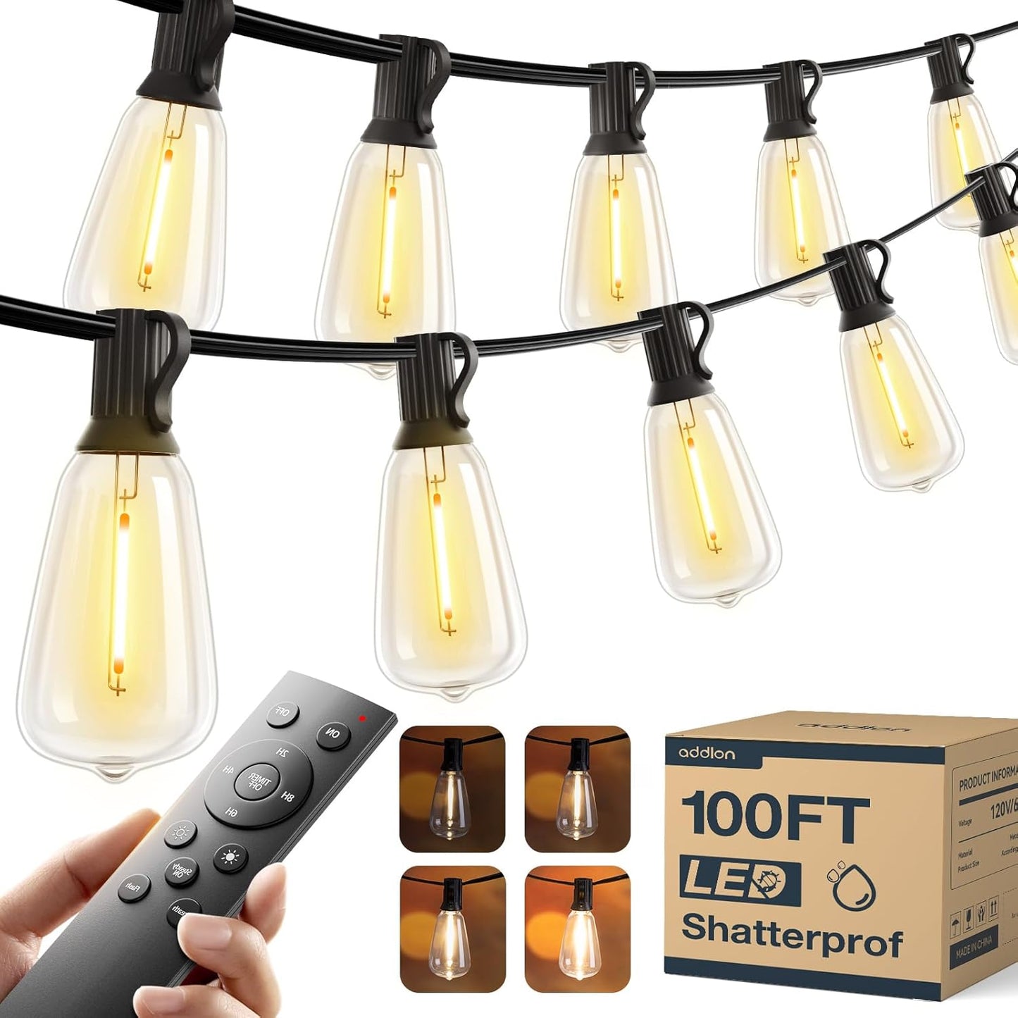 100FT LED Outdoor String Lights with Remote Waterproof Patio Lights with Shatterproof ST38 Replaceable Bulbs, Dimmable outside Hanging Light Connectable for Porch, Backyard, 2200K