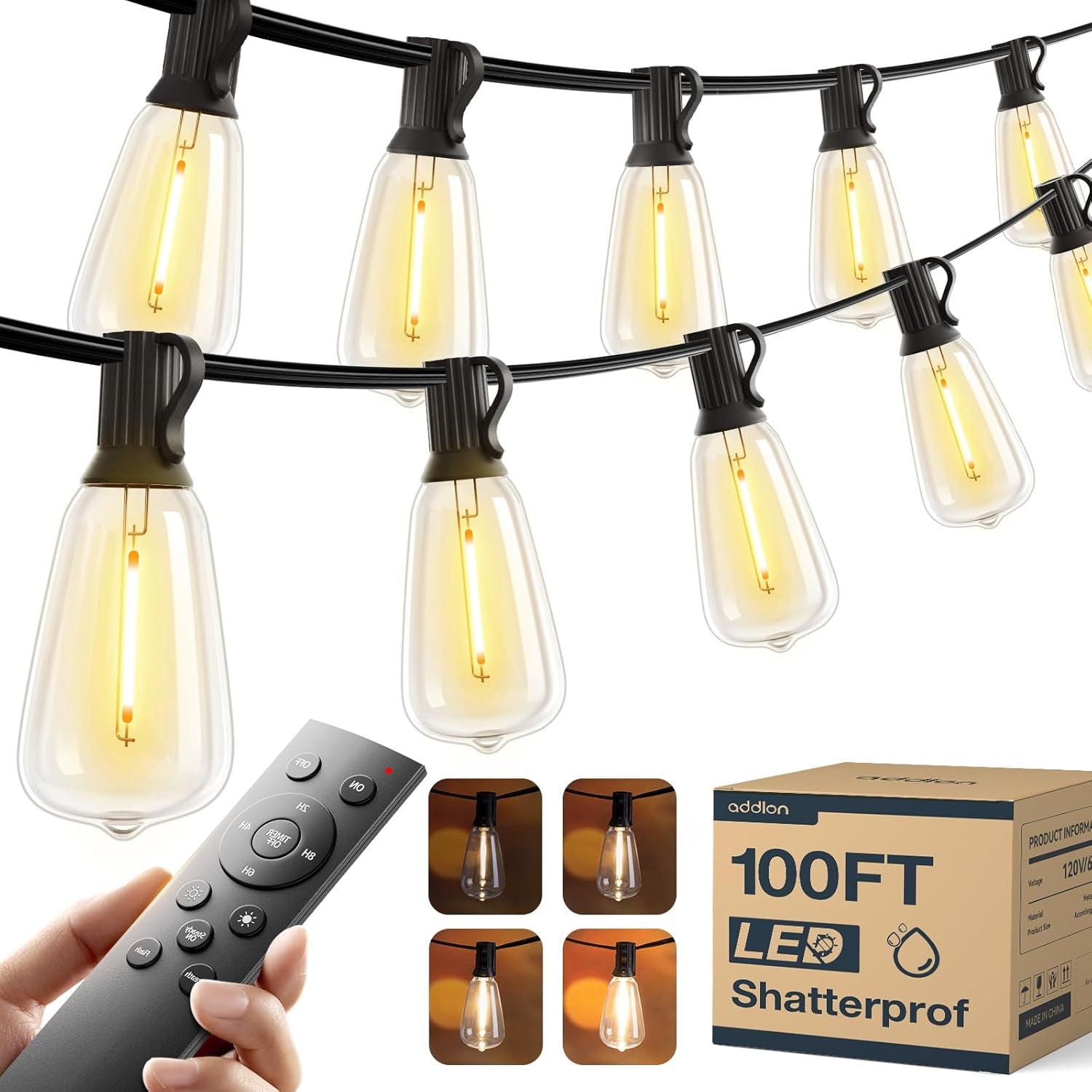 100FT LED Outdoor String Lights with Remote Waterproof Patio Lights with Shatterproof ST38 Replaceable Bulbs, Dimmable outside Hanging Light Connectable for Porch, Backyard, 2200K