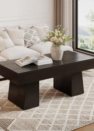 Farmhouse Rectangular Coffee Table - 47-Inch Wooden Accent Table with Sturdy Base for Modern Living Room (Black)