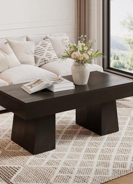 Farmhouse Rectangular Coffee Table - 47-Inch Wooden Accent Table with Sturdy Base for Modern Living Room (Black)
