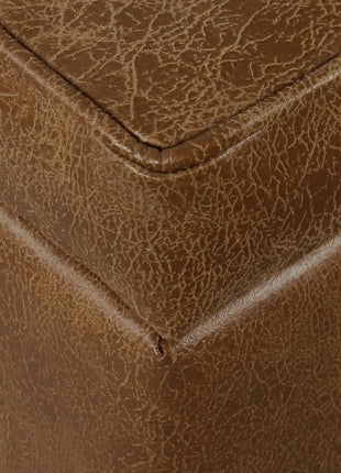 Square Tufted Storage Ottoman in Distressed Brown Faux Leather with Compact Design