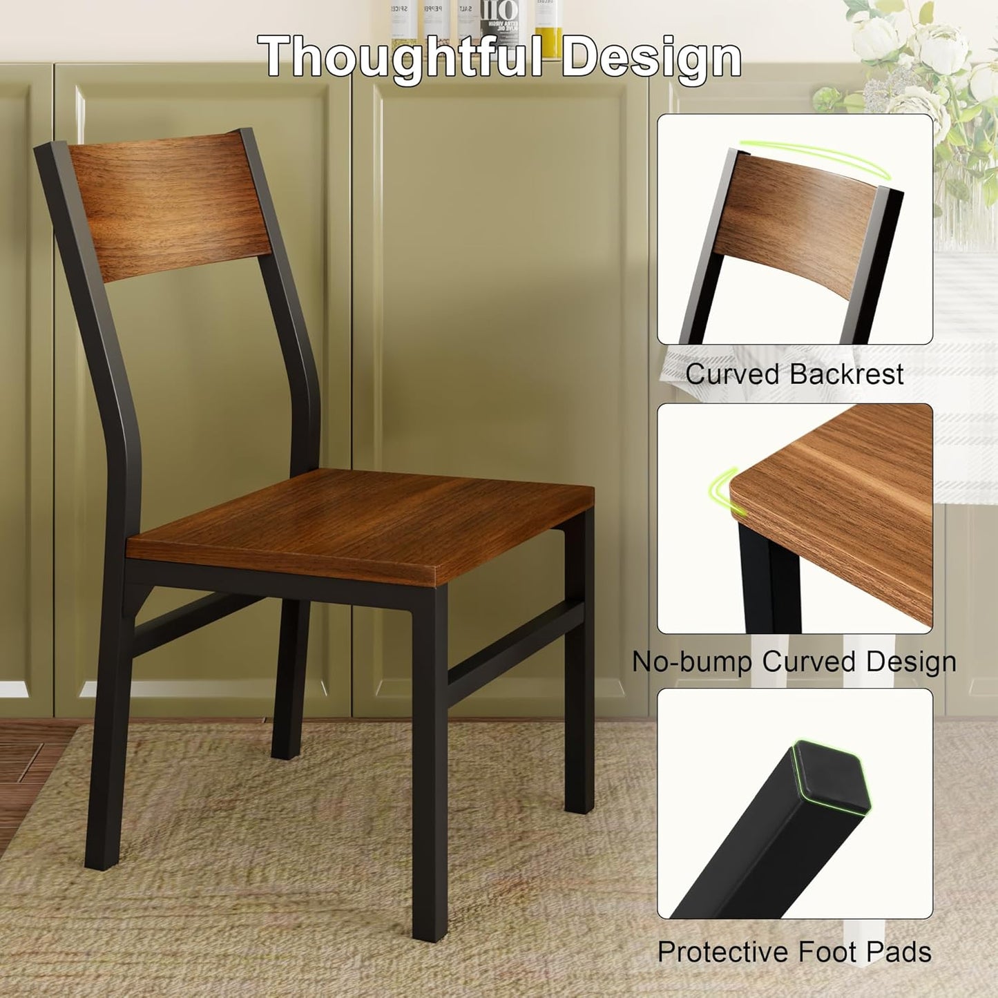 Dining Chairs Set of 6, Modern Kitchen Chairs with Ergonomic Backrest, MDF Board and Metal Legs, Dinner Chairs for Dining Room, Kitchen and Living Room, Walnut