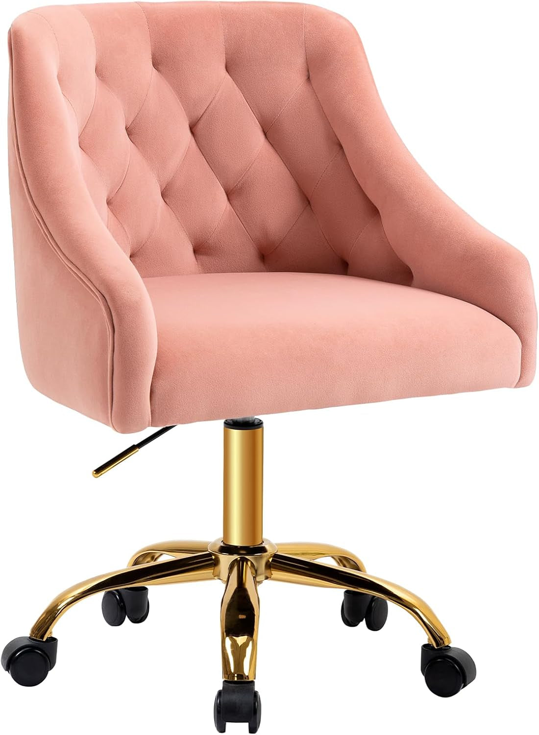 Velvet Home Office Desk Chair, Vanity Chair with Wheels Pretty Fancy Gold 360°Swivel Height Adjustable Office Chairs for Girls Home Offices, Bedrooms, Living Room (Pink)