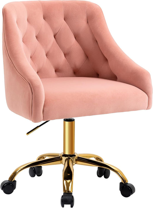 Velvet Home Office Desk Chair, Vanity Chair with Wheels Pretty Fancy Gold 360°Swivel Height Adjustable Office Chairs for Girls Home Offices, Bedrooms, Living Room (Pink)