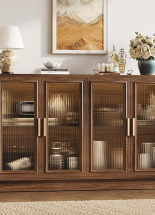 Mid-Century Modern Walnut Sideboard Buffet Cabinet with Storage - 55.1" Wood Kitchen Credenza with 4 Doors for Dining Room, Living Room, and Entryway