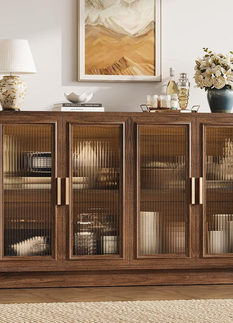 Mid-Century Modern Walnut Sideboard Buffet Cabinet with Storage - 55.1" Wood Kitchen Credenza with 4 Doors for Dining Room, Living Room, and Entryway
