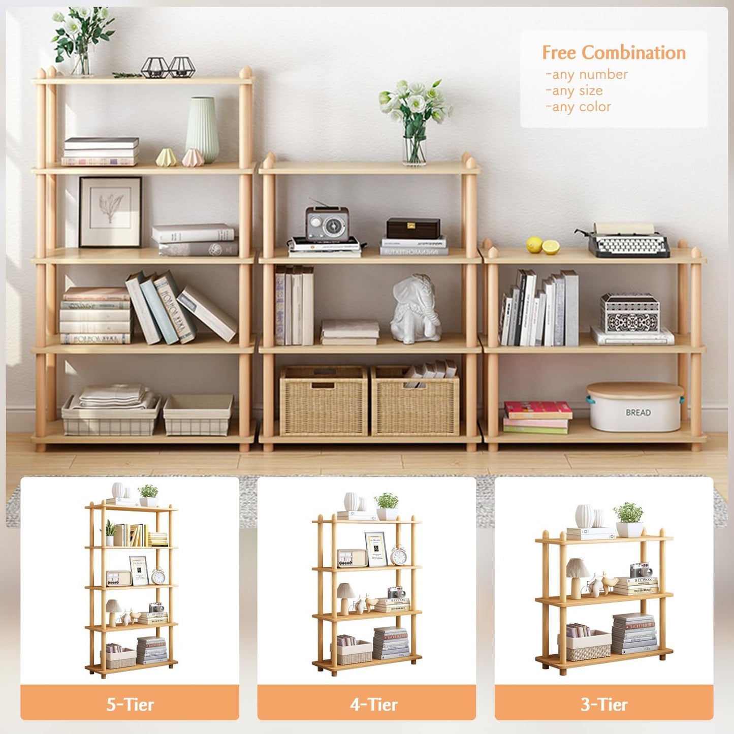 5-Tier Wooden Shelf Bookcase - Modern Open Bookshelf, Free Standing Storage Rack, Multifunctional Display Stand for Home and Office, Oak, Rectangle