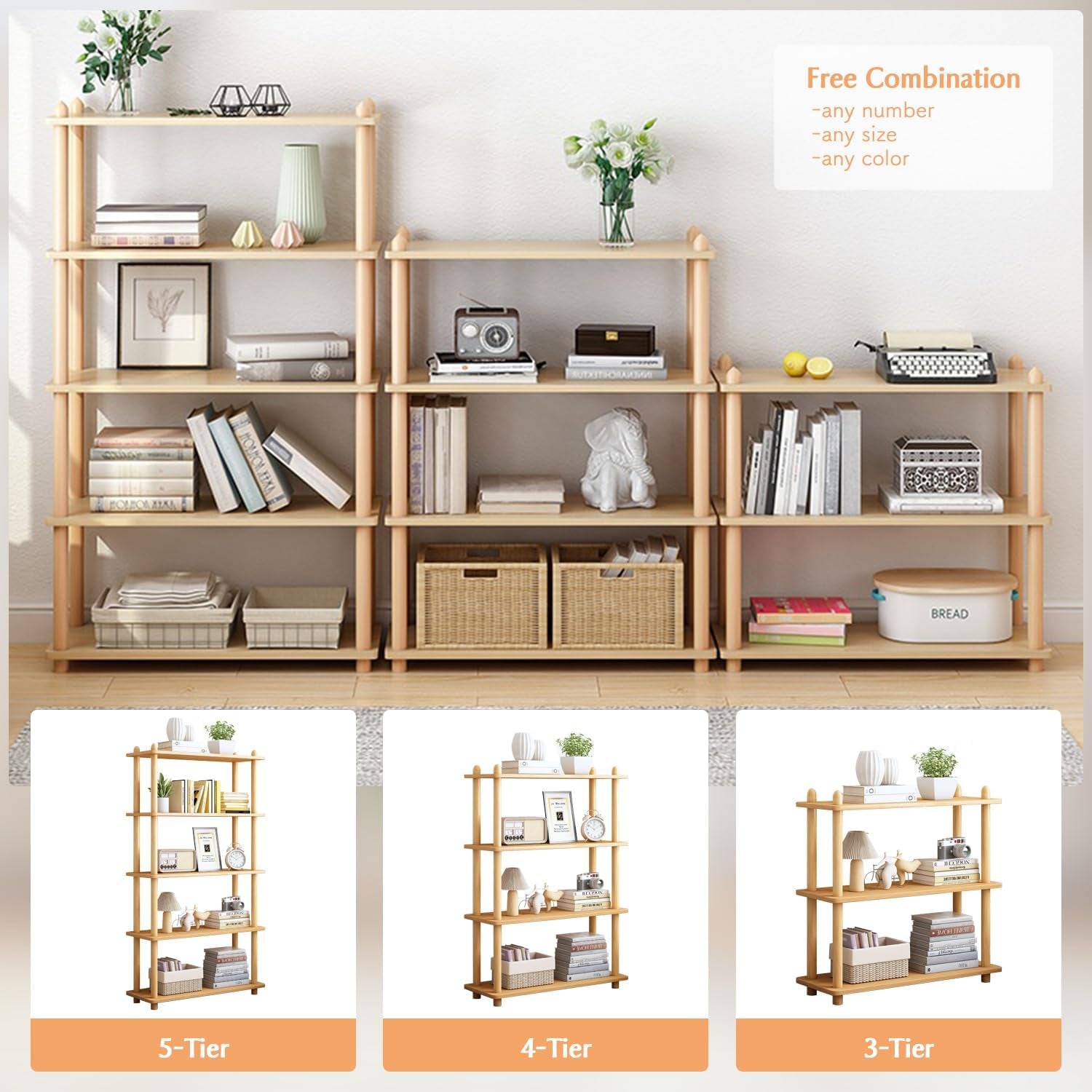 5-Tier Wooden Shelf Bookcase - Modern Open Bookshelf, Free Standing Storage Rack, Multifunctional Display Stand for Home and Office, Oak, Rectangle