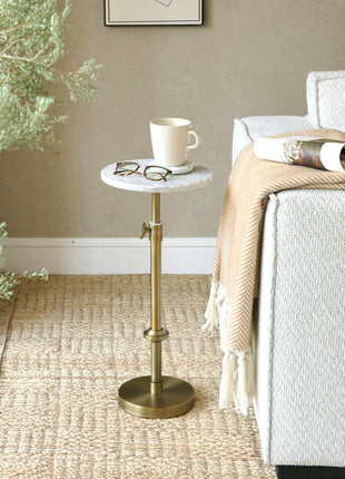 Adjustable-Height Marble Accent Table - 10x10x22-30, White Marble and Antique Brass, Modern Round End Table for Compact Spaces, Vintage Metal Martini Cocktail Stand