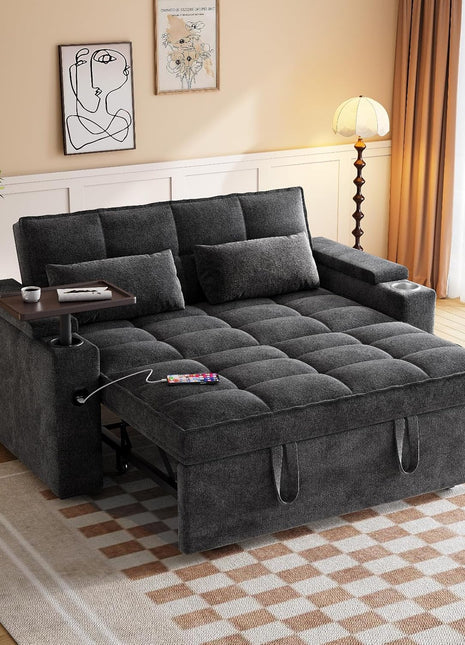 Elegant 65" Chenille Convertible Sofa Bed with 360° Swivel Side Table, USB/Type-C Charging Ports, and Hidden Storage - Ideal for Living Rooms and Apartments in Sophisticated Black