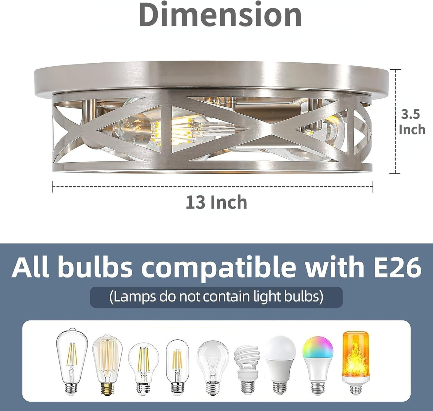 3-Light Close to Ceiling Light Fixtures, 13 Inch Brushed Nickle Flush Mount Ceiling Light Modern Indoor Metal Cage Cross Ceiling Lights for Kitchen Bedroom Laundry Bathroom Foyer Hallway Office