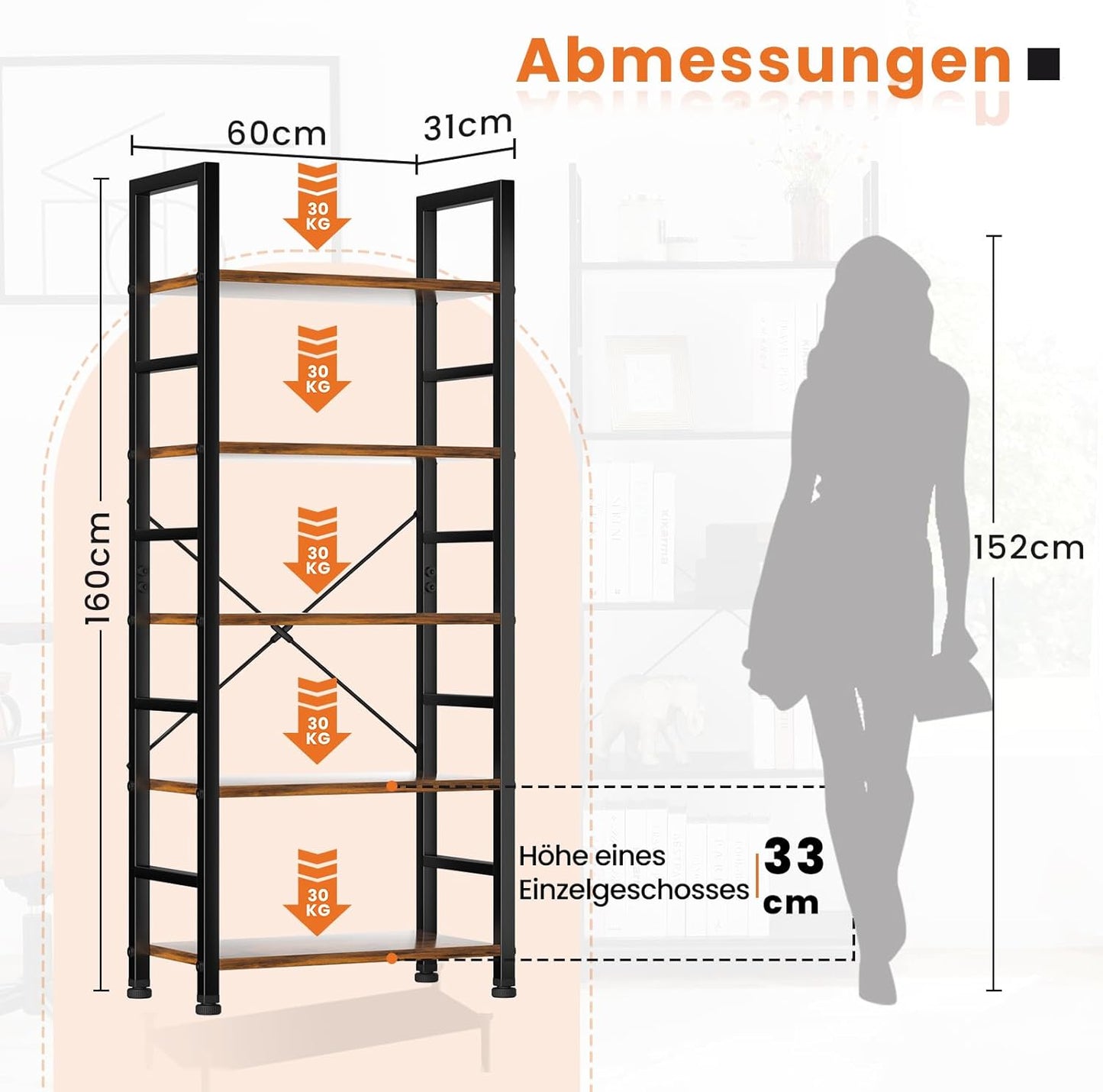 Book Shelf, 5 Tier Bookcase, Modern Tall Bookshelf Corner Storage Organizer for Garage Kit, Cds, Movies Suitable Home Office Bedroom, Kitchen, Living Room - Brown