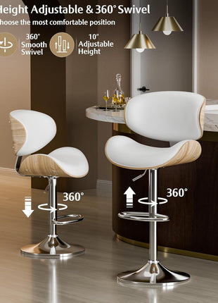 Set of 3 Adjustable Swivel Leather Bar Stools for Kitchen Island - Mid-Century Modern Counter Height Chairs with Backrest and Footrest in Cream White
