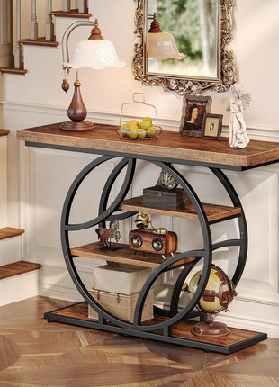 41.3-Inch Industrial Entryway Console Table with Storage Shelves in Rustic Brown Finish and O-Shaped Metal Frame