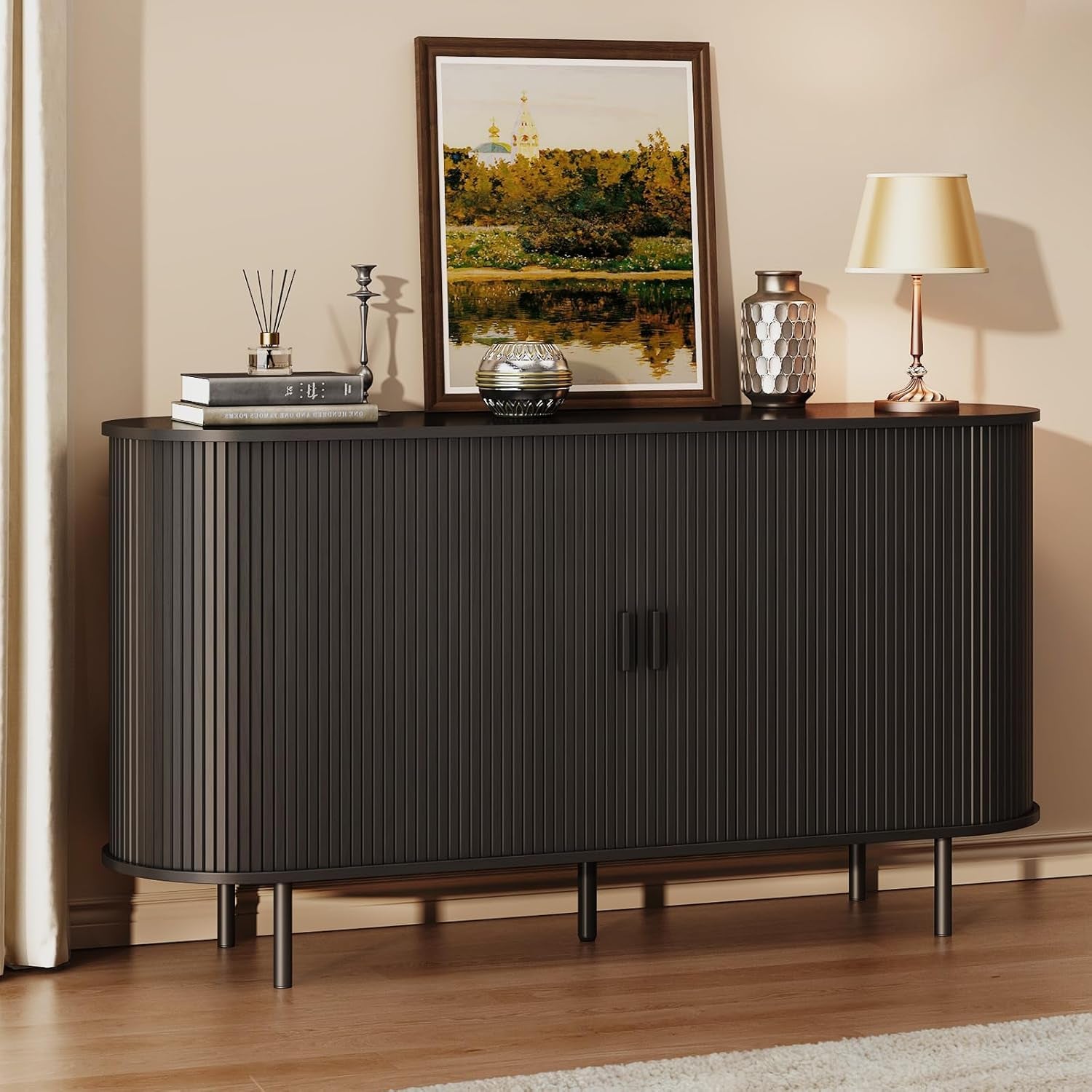 Buffet Sideboard Cabinet with Storage, 55" Fluted Cabinet with Sliding Door & Adjustable Shelf, Modern Accent Coffee Bar Console Table for Kitchen, Entryway, Black