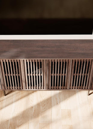 64" Wood Sideboard Buffet Cabinet with 4 Fluted Doors and Curved Design, Walnut Finish, Ideal for Dining Room and Hallway Storage