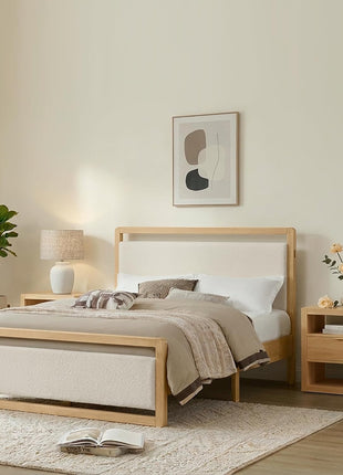 3-Piece Bedroom Furniture Set: Wooden Bed Frame with Upholstered Headboard and Two Storage Nightstands, Farmhouse Style Mattress Foundation
