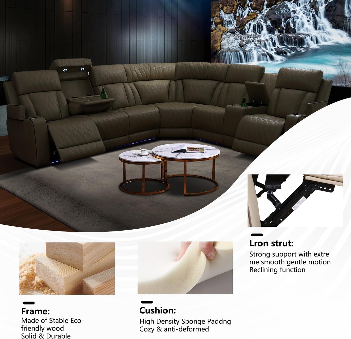 Power Breathing Leather Reclining Sofa Set,Power Recliner Sectional Couch with LED Light,Sectional Reclining Couch Set with USB Port/Storage for Living Room Home Office (Beige)