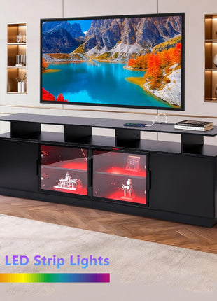 70-Inch Contemporary Black TV Stand with LED Entertainment Center and Glass Door Storage for Living Room and Gaming Spaces