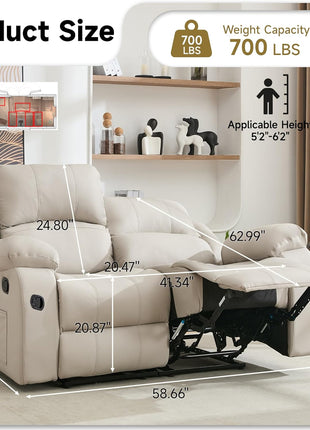 Reclining Loveseat Sofa in Beige Leather with Side Pocket for Living Room, RV, and Home Theater