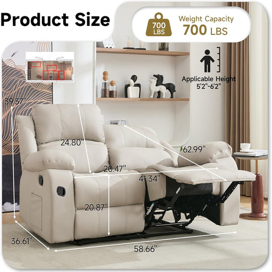 Reclining Loveseat Recliner Sofa, 2 Seat Leather Recliner Couch with Side Pocket for Living Room, RV, Home Theater(Loveseat,Beige)
